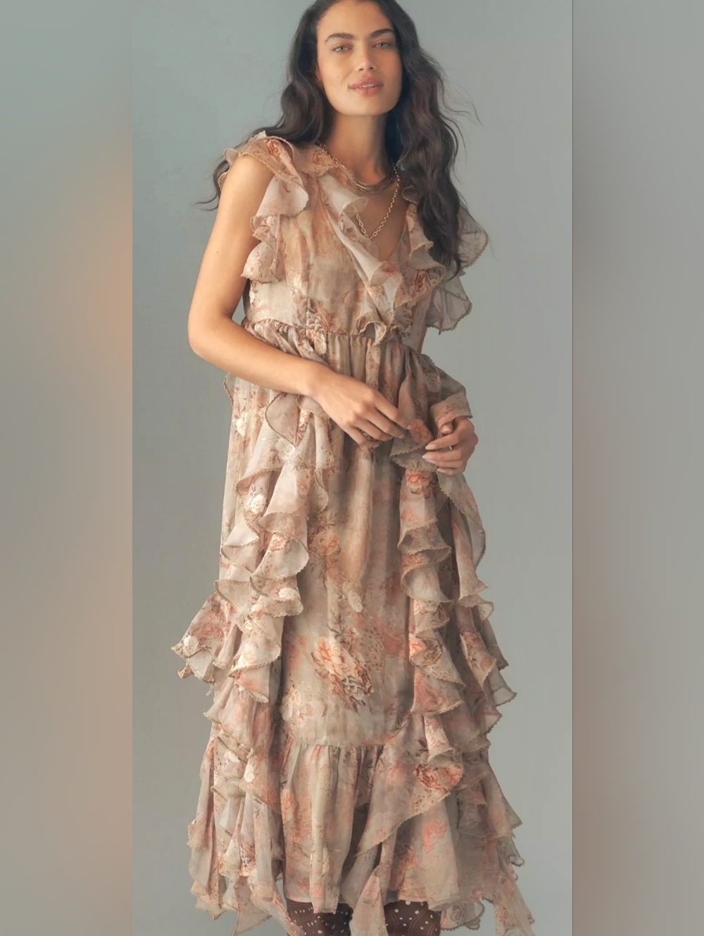 Anthropologie $188 Ruffled Sleeveless Plunge Midi Dress Size Large NWT